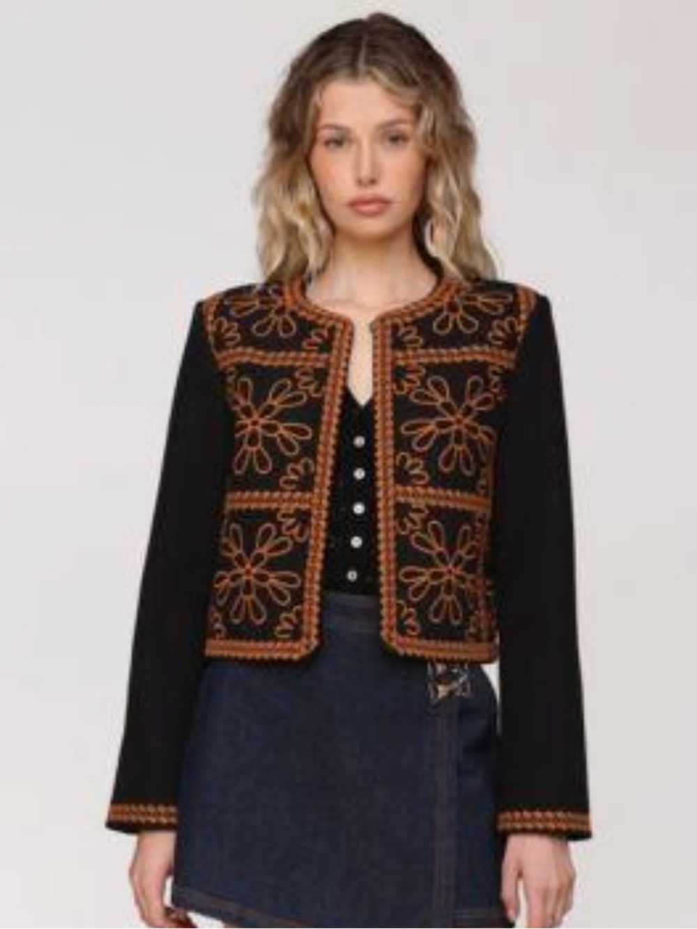 NWT Avec Les Filles Black Cropped Jacket with Orange Embroidery
